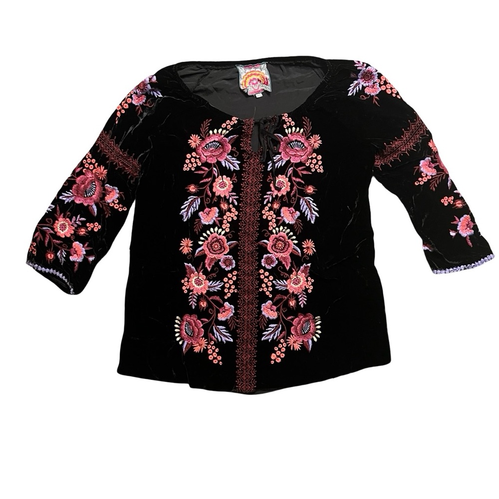 Johnny Was Velvet Embroidered Top XS – Black Floral Boho Blouse